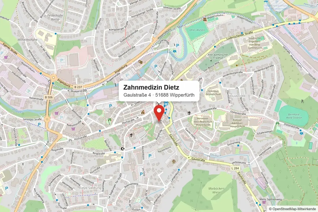 Stadtplan von Wipperfürth mit Markierung der Praxis in der Gaulstraße 4